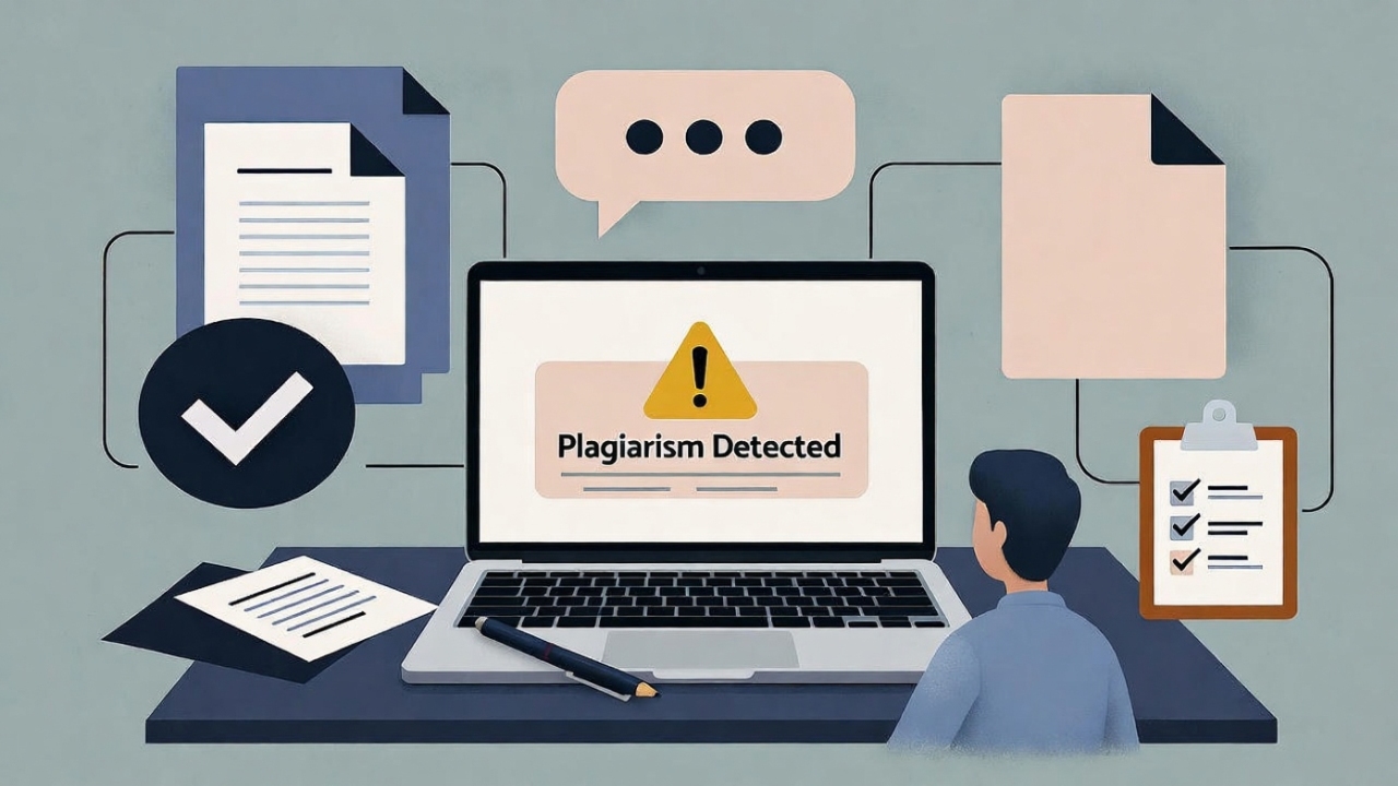 Illustration of a person sitting at a desk, looking at a laptop screen that displays a warning message reading “Plagiarism Detected.” Surrounding the laptop are icons of documents, a checklist, and a speech bubble, symbolizing writing, verification, and communication related to plagiarism detection.